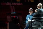 Trail Blazers owner Tom Dundon, left, speaks with Portland Metro Chamber president and CEO Andrew Hoan during the chamber's annual meeting at the Moda Center in Portland, Ore., on June 24, 2026.