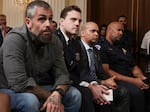 Former DC Metro Police officer Michael Fanone, Metropolitan Police Officer Daniel Hodges, Capitol Police Sergeant Aquilino Gonell, and Capitol Police officer Harry Dunn listened to evidence during an October hearing of the House Select Committee.