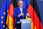 German Chancellor Friedrich Merz speaks to media at the Christian Democratic Union party headquarters in Berlin, Germany, Sunday, Sept. 20, 2026.