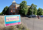 A campaign sign for Derrick Peterson, who announced Wednesday, May 10, that he's withdrawing from the race for Portland school board.