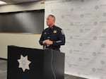 Eugene Police Chief Chris Skinner addresses reporters on Friday, Oct. 10, 2025. Eugene Police arrested seven people suspected of a burglary in the Bethel area.