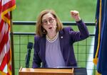 “Welcome back, Oregon,” says Gov. Kate Brown during the Reopening Oregon Celebration held at Providence Park in Portland, Ore., June 30, 2021. 

