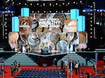 A view of the convention floor and stage ahead of the 2024 Republican Convention (RNC) at the Fiserv Forum in Milwaukee, Wisconsin on Sunday with the theme for the first night: "Make America Wealthy Once Again."