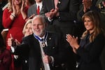 Radio personality Rush Limbaugh pumps his thumb after being awarded the Medal of Freedom by first lady Melania Trump. Limbaugh was also acknowledged by President Donald Trump as he delivered the State of the Union address on Feb. 4, 2020.