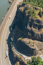 An aerial view of Mitchell Point Tunnel shows how there's very little space between the river, the railway and I-84.