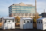 Pallet shelters stand at 415 West 11th Street, Vancouver, Wash., on Nov. 21, 2023.