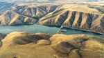 Aerial view of river and hills.