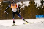 Novie McCabe competes during the women's 4 x 5km relay cross-country skiing competition at the 2022 Winter Olympics, Saturday, Feb. 12, 2022, in Zhangjiakou, China.