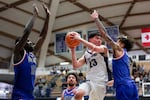 Portland guard Joel Foxwell (23) passes from in between Gonzaga forward Graham Ike (15) and guard Jalen Warley (8) during the second half of an NCAA college basketball game in Portland, Ore., Wednesday, Feb. 4, 2026.
