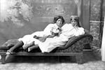 Frank Matsura's studio portrait of Indigenous women Cecil Jim Palmanteer, left, and Lucy Nasom Walsh on a fainting couch in Okanogan, Wash., circa 1903-1913.