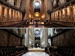 This combination of pictures created on November 29, 2024 shows the choir stalls of Notre-Dame Cathedral in Paris on June 26, 2018 (TOP) and on November 29, 2024 (BOTTOM). The Notre-Dame Cathedral is set to re-open early December 2024, with a planned weekend of ceremonies on December 7 and 8, 2024, five years after the 2019 fire which ravaged the world heritage landmark and toppled its spire. Some 250 companies and hundreds of experts were mobilised for the five-year restoration costing hundreds of millions of euros. (Photo by Ludovic MARIN and STEPHANE DE SAKUTIN / various sources / AFP) (Photo by LUDOVIC MARINSTEPHANE DE SAKUTIN/AFP/POOL/AFP via Getty Images)