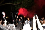 Soccer fans rooting for Egypt celebrate following the 1-1 FIFA World Cup match against Iran on Friday, June 26, 2026, in Seattle’s Pioneer Square neighborhood.