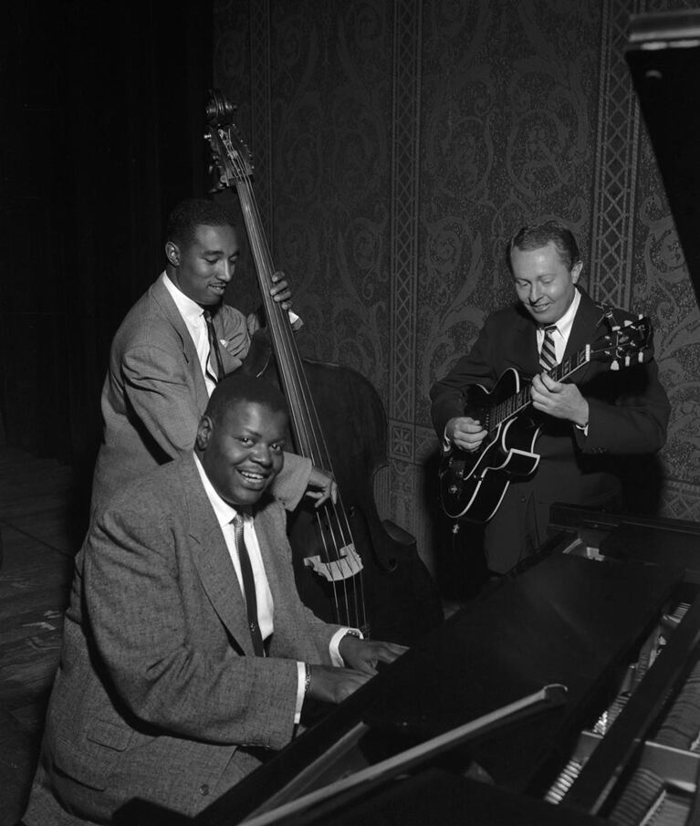 The Oscar Peterson Trio, Herb Ellis on guitar and Ray Brown on bass, in Portland, Ore., circa 1954.