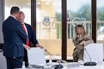 President Donald Trump speaks with German Chancellor Friedrich Merz as Italian Prime Minister Giorgia Meloni looks on at the G7 meeting in Evian, France, on June 16.
