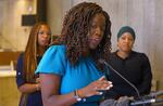 At a news conference outside the Christopher A. Iannella Chamber, Boston City Councilor Ruthzee Louijeune urges the council on June 15, 2022 to pass the resolution that the City apologize for Boston's role in the transatlantic slave trade.