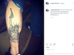 A submitted screenshot of Bend Police Corporal Josh Spano's personal Instagram, showing a "Molon Labe" tattoo. The 2013 post was publicly accessible before a 2021 internal affairs investigation by the Bend Police Department.