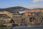 An aerial view of the wildfire in Lyle, Washington, that prompted officials to issue a Level 3 “Go Now” evacuation order for parts of the Southwest Washington community on Sunday afternoon.