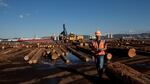 A scaler grades logs that Teevin Brothers are preparing for the export market in Rainier, Oregon.