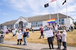 Protesters gather in front of Newport City Hall to demand Mayor Dean Sawyer resign on July 8, 2023 in Newport, Oregon. The protest came after revelations Sawyer had been posting hateful content in a private law enforcement Facebook group since 2016. 
