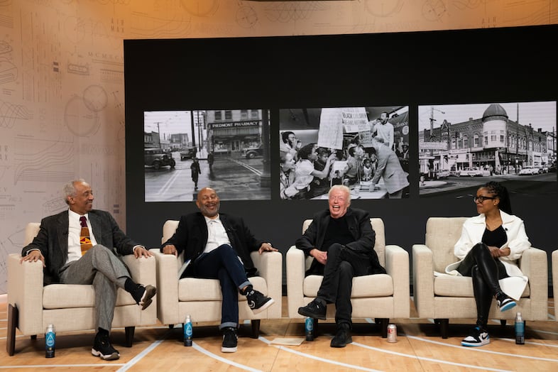 Nike co-founder Phil Knight, center right, announces a $400 million donation to the 1803 Fund on April 24, 2023 at Nike headquarters in Beaverton, Oregon.