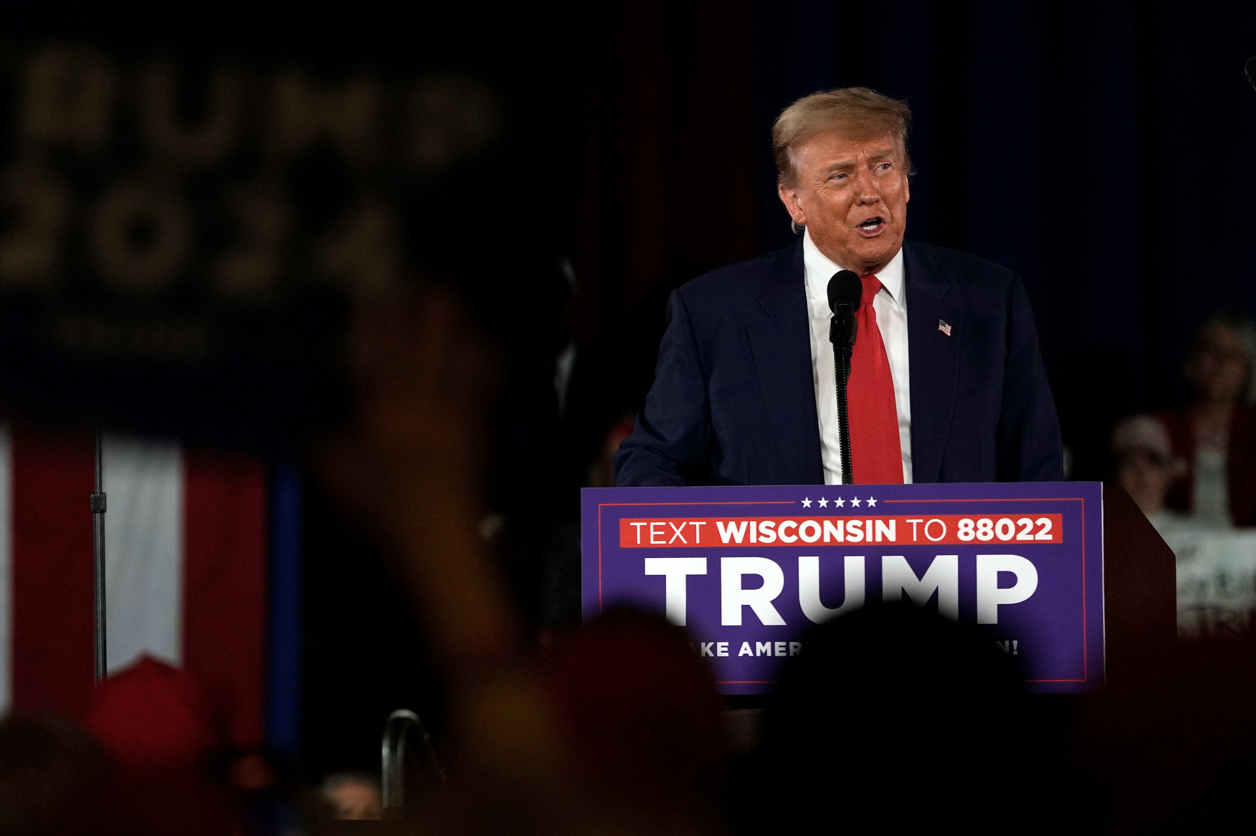 Republican presidential candidate former President Donald Trump speaks at a campaign rally on Wednesday in Waukesha, Wis. The Wisconsin campaign stop is his first official rally since the start of his trial in New York over campaign finance violations related to payments made to adult film actress Stormy Daniels.