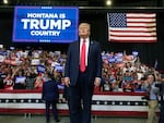 Former President Donald Trump arrives for a campaign rally in Bozeman, Mont., on Friday, Aug. 9.