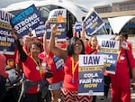 UAW members attend a solidarity rally amid the union's strike against the Big Three auto makers on Sept. 15, 2023, in Detroit.