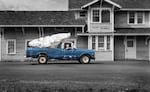 One of a series of photos Garrick Imatani made for "Witness," on view at Chachalu Museum and Cultural Center, shows a truck hauling a foam cast of Tomanowos.