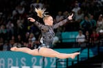 Jade Carey, of United States, competes on the floor exercise during a women's artistic gymnastics qualification round at the 2024 Summer Olympics, Sunday, July 28, 2024, in Paris, France.