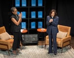 Moderator Rukaiyah Adams, left, looks on as former Vice President Kamala Harris greets the sold-out crowd at the Arlene Schnitzer Concert Hall on Wednesday, Nov. 5, 2025. 