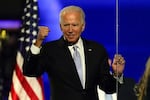 President-elect Joe Biden gestures to supporters Saturday, Nov. 7, 2020, in Wilmington, Del. (AP Photo/Andrew Harnik)