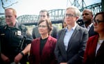 (Left to right, front row) Local and federal officials, including Portland Police Chief Bob Day, U.S. Rep. Suzanne Bonamici and Oregon Gov. Tina Kotek at a news conference in Portland, Ore., Sept. 27, 2025, responding to President Donald Trump’s statements about sending troops to the city.