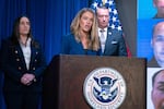 Then-DHS Assistant Secretary for Public Affairs Tricia McLaughlin, flanked by deputy director of U.S. Immigration and Customs Enforcement Madison Sheahan, left, and Acting director of U.S. Immigration and Customs Enforcement Todd Lyons, speaks during a news conference at ICE Headquarters, in Washington, D.C., on May 21, 2025.