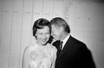 FILE - Georgia state Sen. Jimmy Carter hugs his wife, Rosalynn, at his Atlanta campaign headquarters, Sept. 15, 1966.