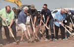 Representatives of the Hillsboro Hops break ground on the team's new stadium in Hillsboro, Ore. on Aug. 8, 2024. The team will compete in the stadium in 2026.