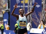Hellen Obiri of Kenya crosses the finish line and takes first place in the women's division at the Boston Marathon on April 15, 2024.