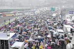 Supporters of impeached South Korean President Yoon Suk Yeol attend a Sunday service as they gather to oppose his impeachment near the presidential residence in Seoul, South Korea, on Sunday.