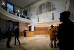 Members of the media tour the renovated council chambers at Portland City Hall, Nov. 15, 2024, which was expanded to accommodate the expanded 12-person council.