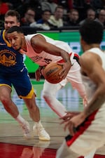 Kris Murray plays the Golden State Warriors at the Moda Center in Portland, Ore. on Friday, Oct. 24, 2025.