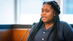 Pieper Lewis speaks during a sentencing hearing on Tuesday in Des Moines, Iowa. Lewis, who was initially charged with first-degree murder after she stabbed her accused rapist to death in June 2020, was sentenced to five years of closely supervised probation and ordered to pay $150,000 restitution to the man's family.