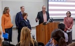 (From left to right) U.S. Rep. Maxine Dexter, U.S. Sen. Ron Wyden, U.S. Rep. Suzanne Bonamici, U.S. Sen. Jeff Merkley, and U.S. Rep. Andrea Salinas at a press conference at Oregon Health & Science University Oct. 13, 2025. The senators and representatives said health insurance premiums will rise dramatically if lawmakers allow Affordable Care Act tax credits to expire at the end of 2025. They also addressed the possibility of a National Guard deployment in Portland.