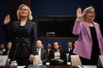 President and CEO of NPR Katherine Maher (left) and President and CEO of PBS Paula Kerger are sworn in before a House Oversight and Government Reform Committee hearing at the U.S. Capitol on March 26, 2025.