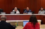 From left, Clark County Councilors Sue Marshall, Wil Fuentes and Matt Little attend a work session meeting at the Public Service Center in Vancouver, Wash., on July 29, 2026.