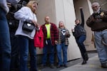 Supporters chant the names and verdicts of all seven defendants in the trial of occupiers of the Malheur National Wildlife Refuge.