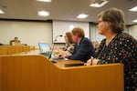 From left to right, House Speaker Julie Fahey, former Senate Republican Leader Tim Knopp, and Sen. Janeen Sollman, D-Hillsboro, speak in support of House Bill 2006, which would cap the number of bills a lawmaker could request be drafted for consideration in the Oregon Legislature.