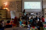 At Rock Creek Elementary, Evelyn Hinds and her students watch a video on the "Protect Yourself" rules.