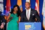 Democrats Aruna Miller (left) and Wes Moore react during an election night gathering after Miller was declared the winner in the race for the Maryland lieutenant governor and Moore was declared the winner in the gubernatorial race in Baltimore.