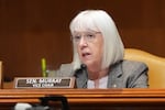 Sen. Patty Murray, D-Wash., questions Defense Secretary Pete Hegseth at a Senate Appropriations subcommittee on defense hearing on the budget request for the Department of Defense, Tuesday, May 12, 2026, in Washington.