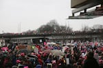 Demonstrators pour from bridges onto Portland's waterfront at Women's March Portland on Saturday, Jan. 21, 2017.