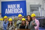 Democratic presidential nominee U.S. Vice President Kamala Harris speaks at Hemlock Semiconductor during a campaign stop on October 28, 2024 in Saginaw, Mich.